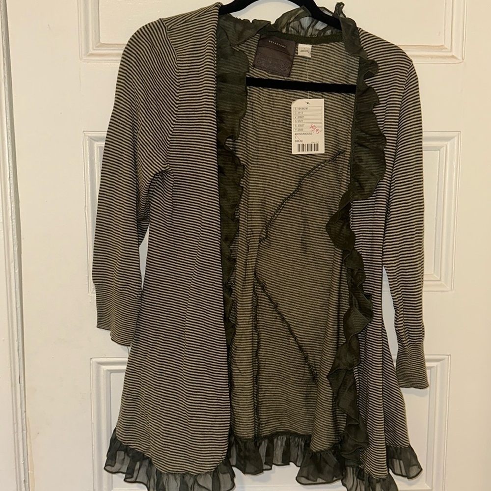 Green stripped cardigan sweater with ruffle detailing